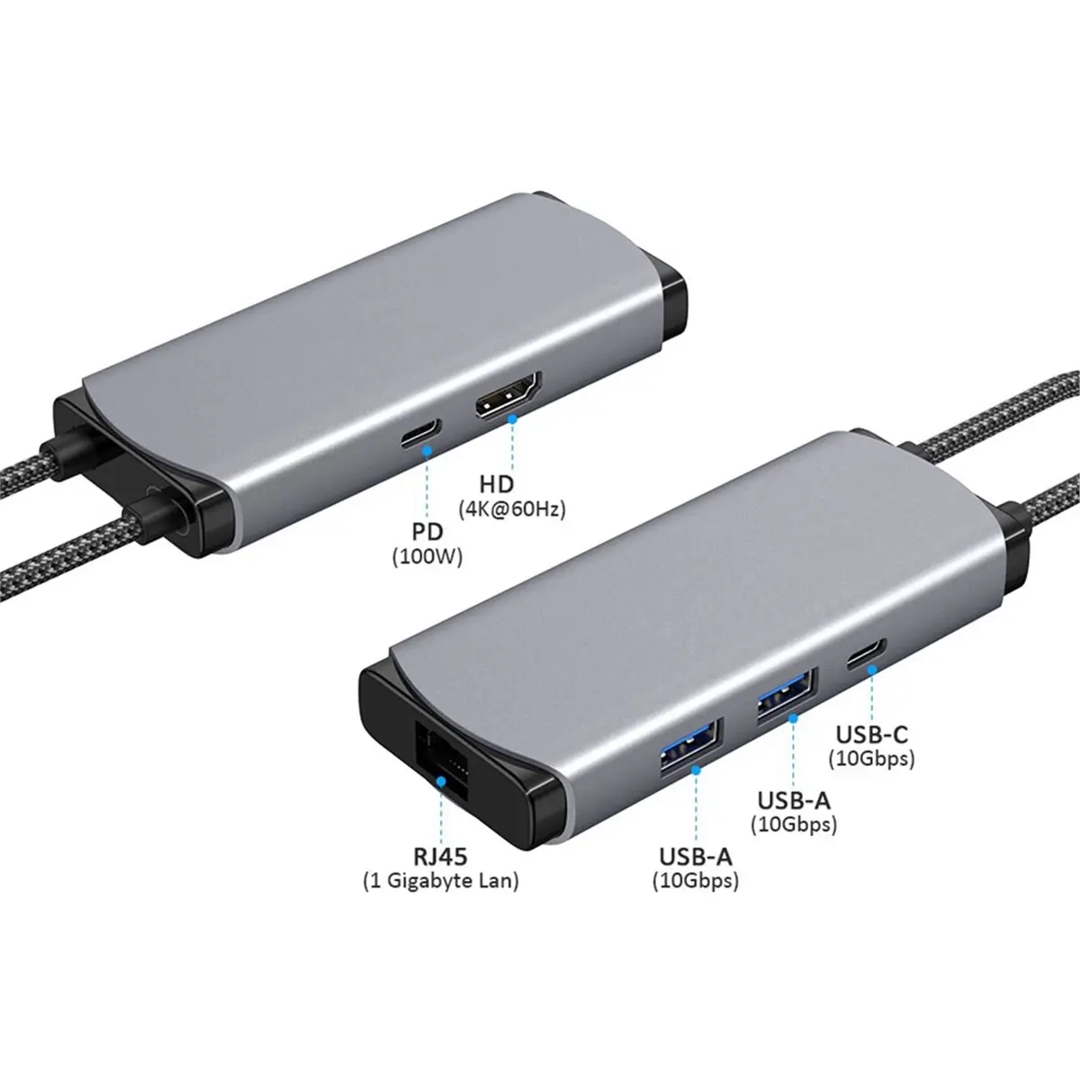 Type-C Expansion Dock to 4K -Compatible Gigabit Ethernet 10Gbps USB Splitter PD100 Fast Charging