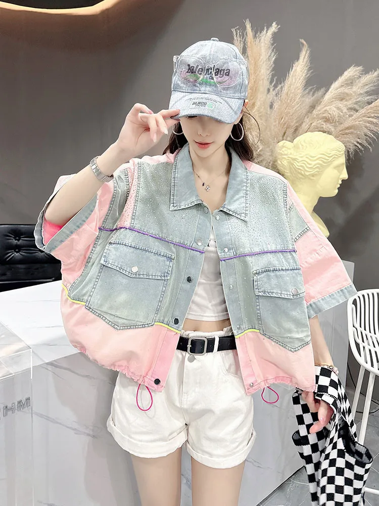 

Nostalgic retro denim blue shirt women short sleeved summer new style high-end heavy industry rhinestone patchwork shirt
