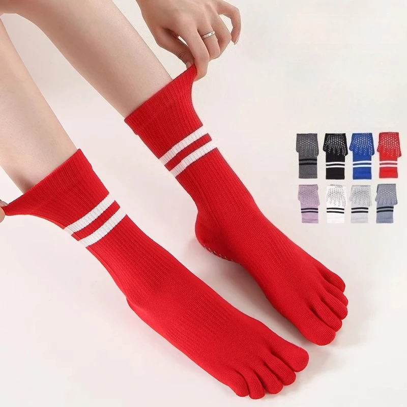 

Носки для пилатеса с пятью пальцами, повседневные полосатые хлопковые носки для тренировок в помещении, тренажерного зала, фитнеса, танцев, спортивные носки, женские силиконовые нескользящие носки для йоги