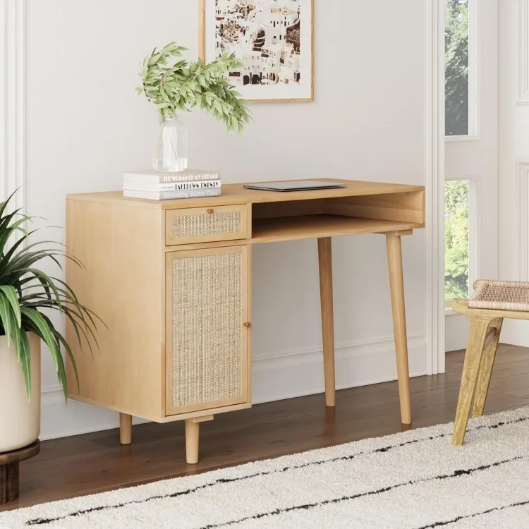 Aaron Modern Desk with Storage, Natural Rattan Table with Square Webbing and Gold Accent Knobs, Natural Brown