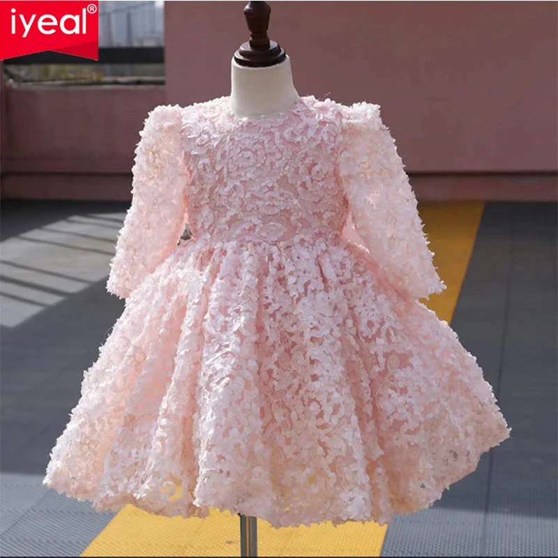 

IYEAL 2024 New Children's Dress Princess Dress Pink Long sleeved Flower Girl Dress Birthday Banquet Piano Performance Dress