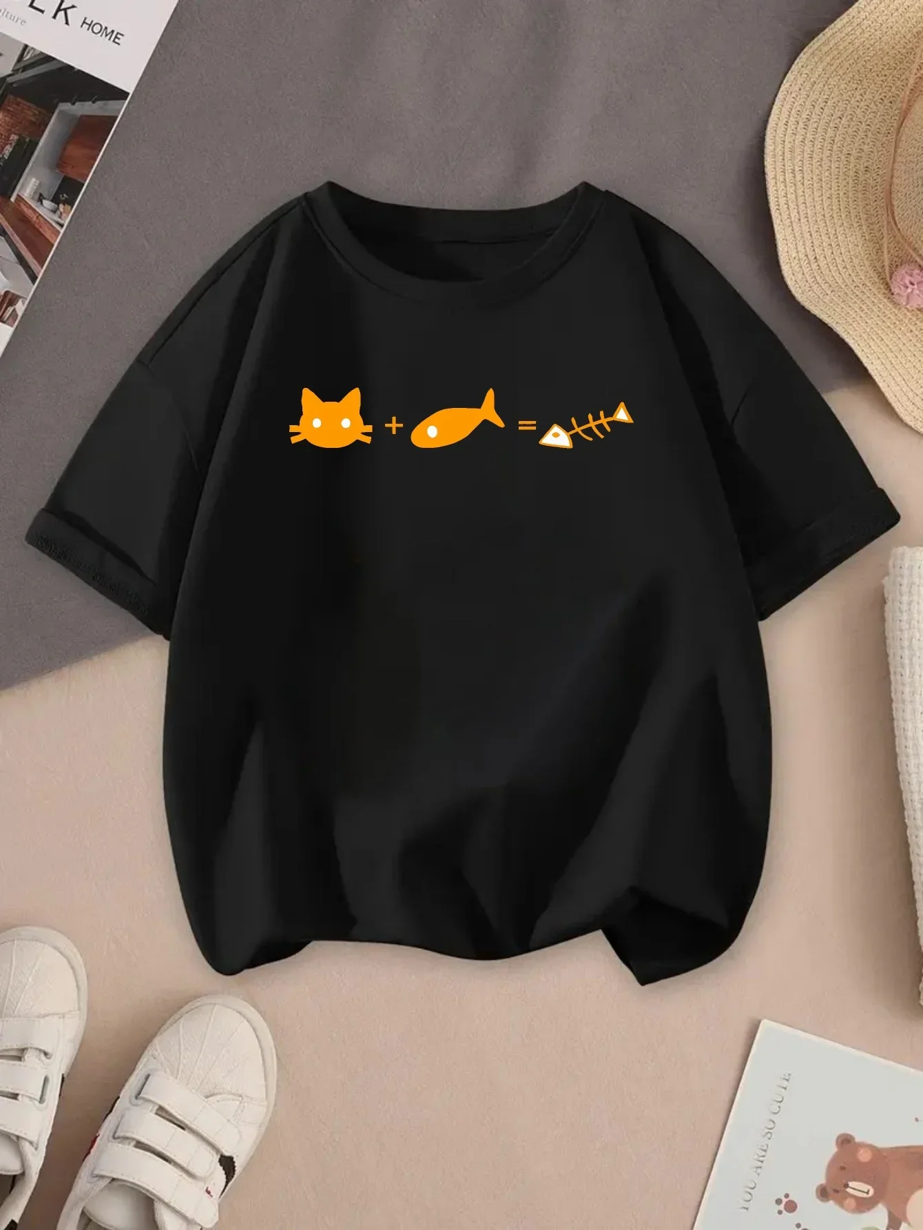 Black Kids Short Sleeve Tee Funny Orange Cat Plus Fish Equals Fishbone Simple Cartoon Graphic Casual Boys Girls Daily Top