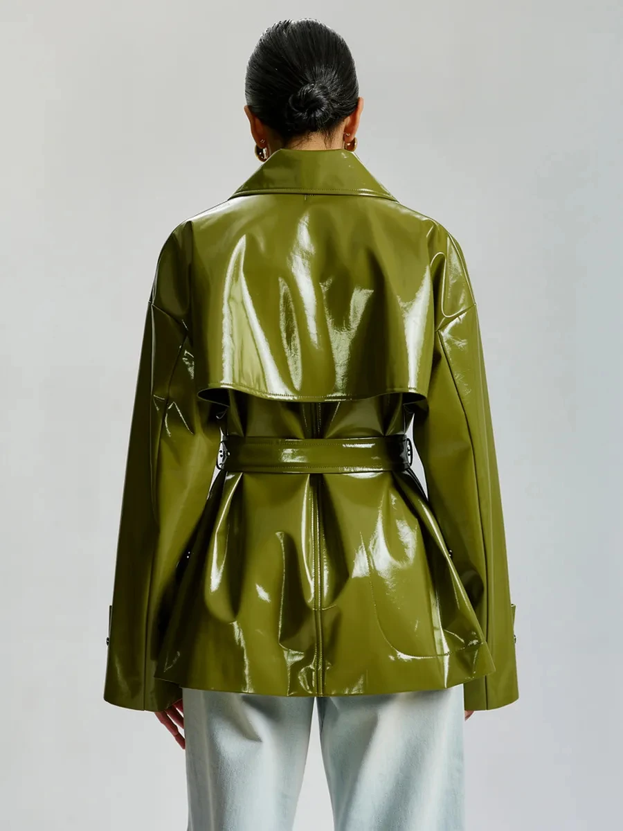 PUAL Mantel Trench Kulit Paten Hijau Wanita, Jaket Tahan Air Berkerah Notch Oversized dengan Sabuk, Mode Streetwear Baru 2026