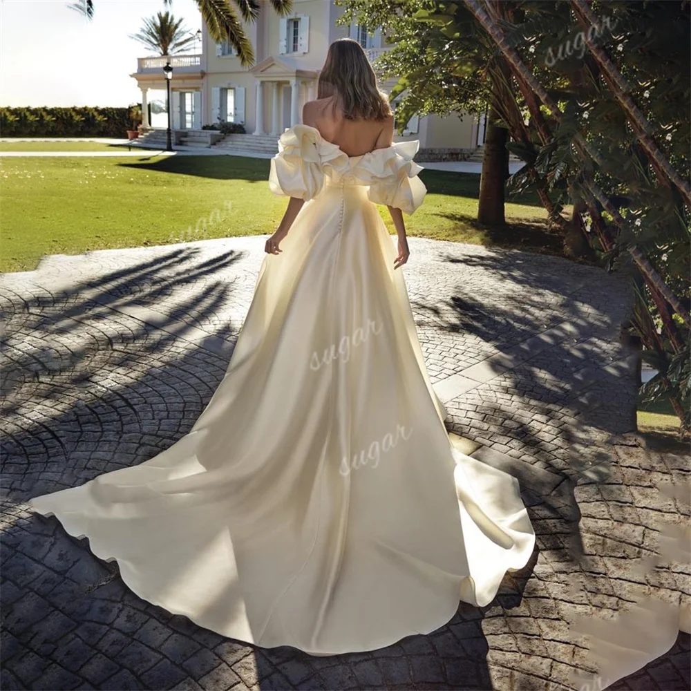 Vestido de casamento gracioso fora do ombro com mangas destacáveis, vestido de noiva vintage, cetim A-line, longo manto de noiva, 2024