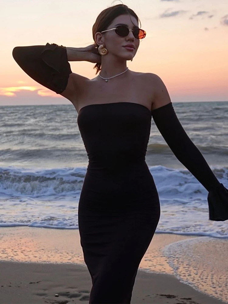 Trendix Black Elegant Evening Dress Women Sexy Off Shoulder Slim High Waist Tube Dresses Beach Party Ruffle Backless Long Dress