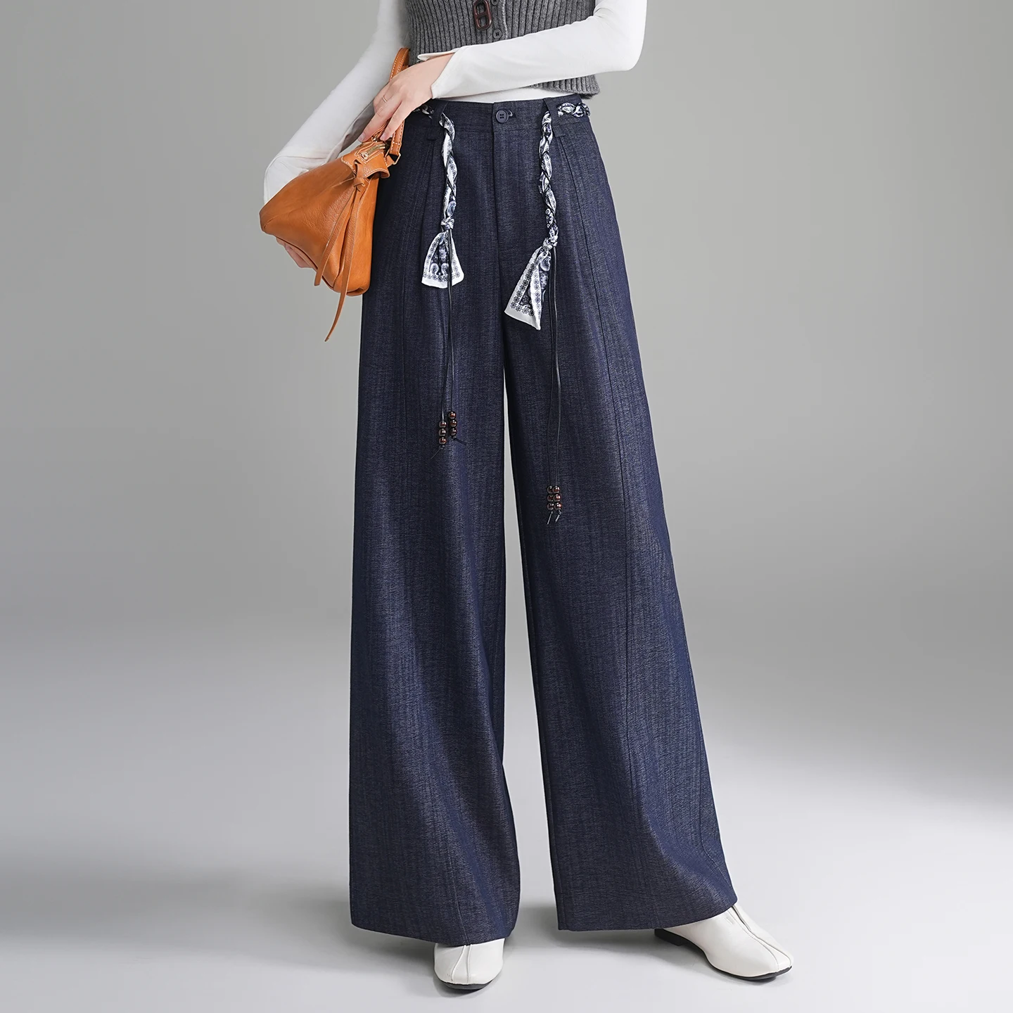 

Синие повседневные брюки с высокой талией и широкими штанинами для женщин больших размеров, свободные, в стиле кэжуал, осенняя новинка