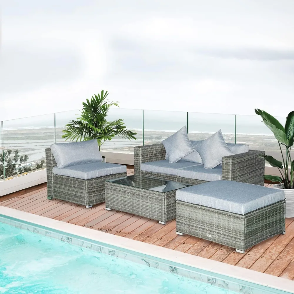 

5-Piece Patio Furniture Set with Cushions, Outdoor PE Rattan Wicker Sofa Set, Sectional Furniture with Pillows, Glass Coffee Ta