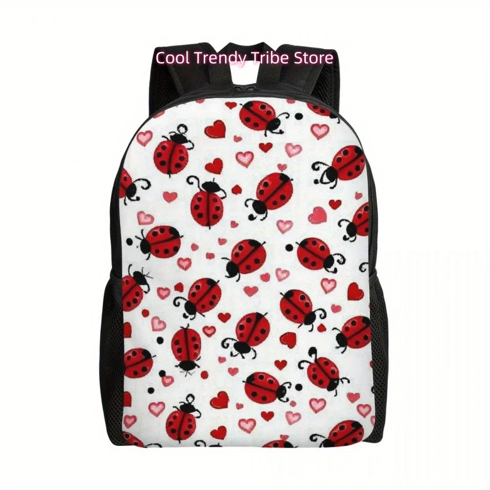 Lightweight Ladybug & Heart Print Backpack - Adjustable Straps, Casual Daypack for Men & Women, Perfect for Travel, College, Hik