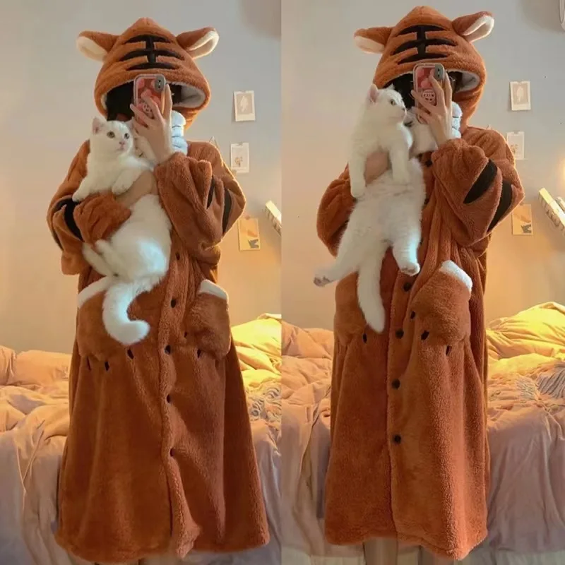 Women Robes Winter Warm Coral Fleece Tiger Warm Nightgown Animal Cosplay Hooded Sleepwear Cute Cartoon Pyjama Homewear Bathrobe