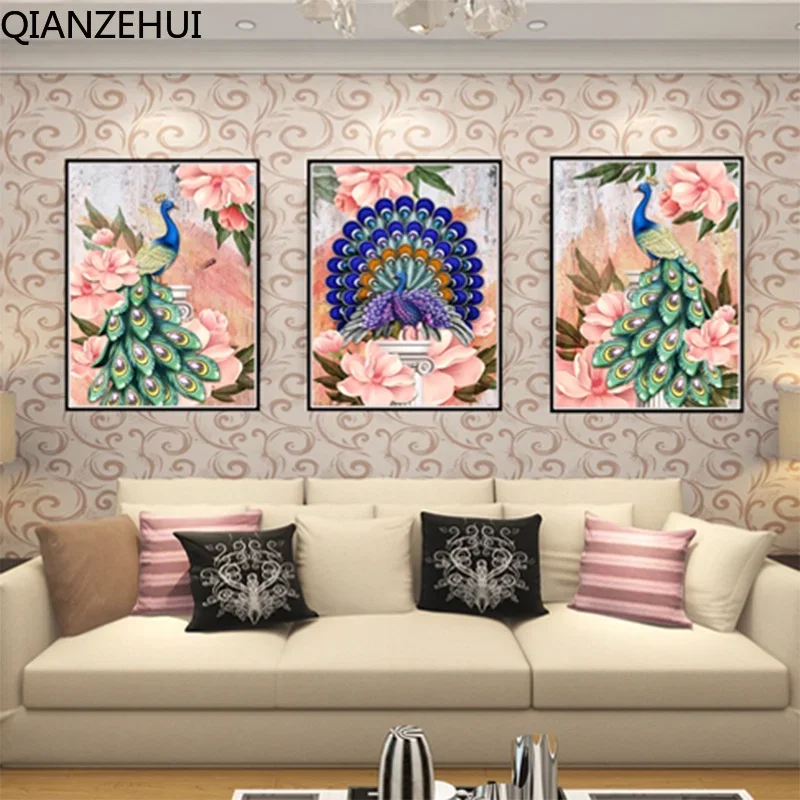 DIY full Diamond Embroidery,Round Diamond Annual Triple Peacock Living room decoration rhinestone beads Diamond painting