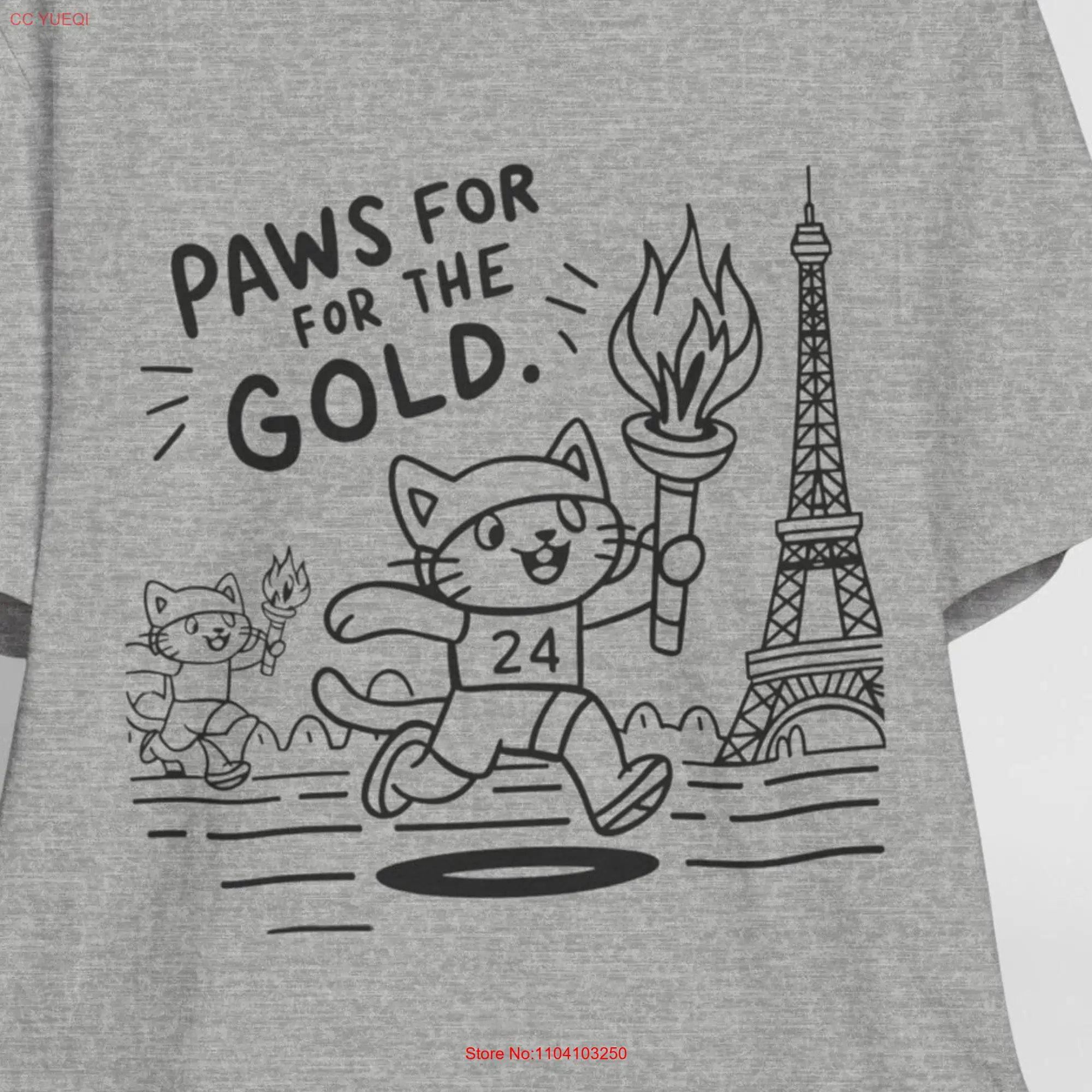 Camiseta dorada de Cats Paws, Torre Eiffel, París, Humor, competición deportiva, correr, antorcha, llama, 24 pistas, ilustración de dibujos animados de campo