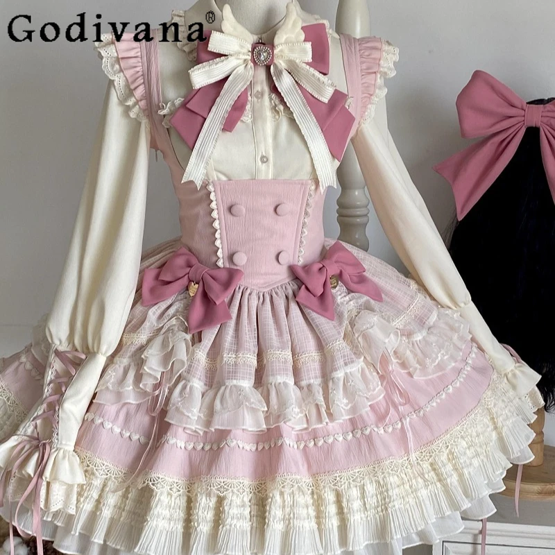 

Christmas Cosplay Sweet Girls JSK Dress and Shirt Women Pink Lolita Long Sleeve Inner Lolita Dress Female Princess Daily Dress