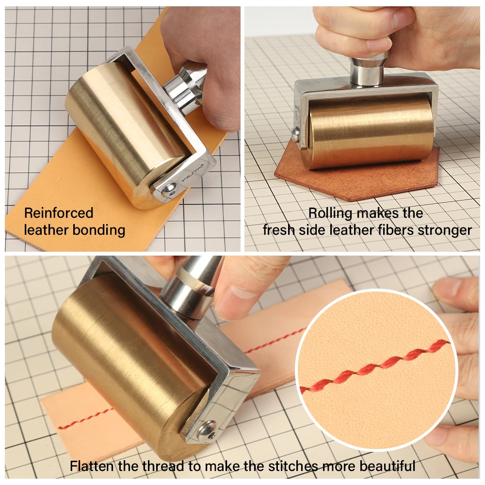 WUTA Design 1000g Smooth & Silent Solid Brass+Stainless Steel Leather Craft Roller Edge Creaser Glue Laminating DIY Tools 65mm