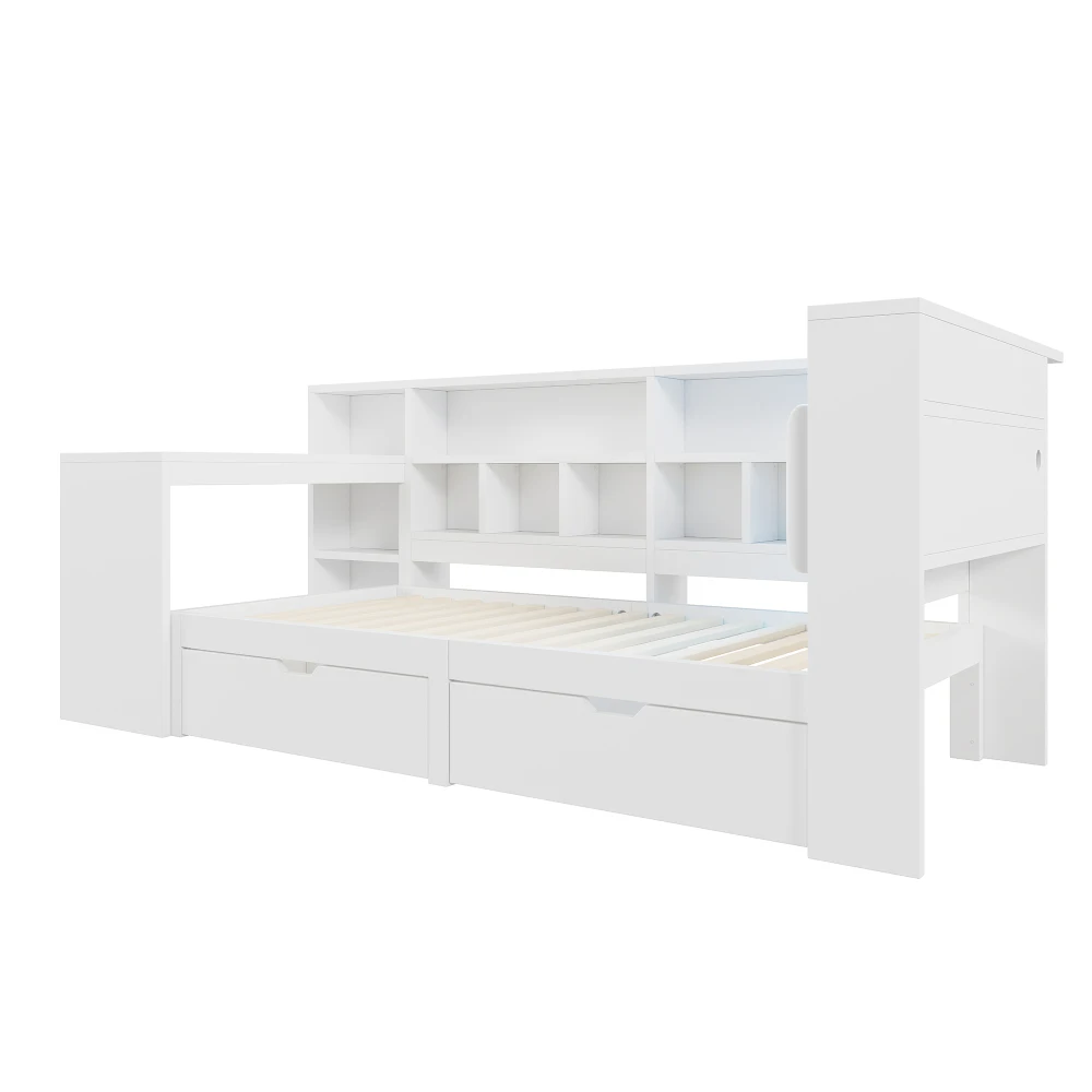 90x200 L-förmiges Plattformbett aus Holz mit Schreibtisch und Bücherregal, Eckkapitänsbett mit gepolstertem Kopfteil, Schubladen, LED-Licht – Detail 17