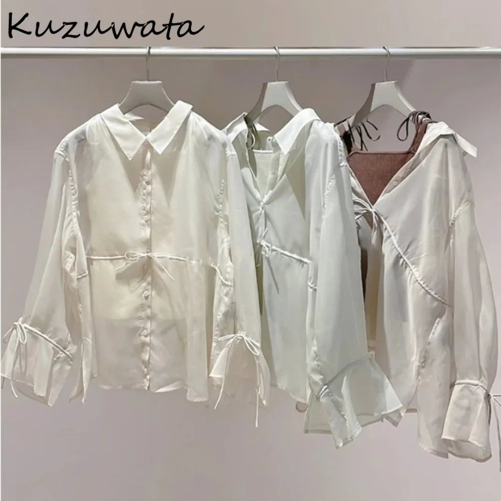 

Kuzuwata Fairy Sweet Flare Sleeve Lace Up Set Shirt Knit Slim Commuter Solid Sling Japan Chiffon Loose All-match French Suit Top