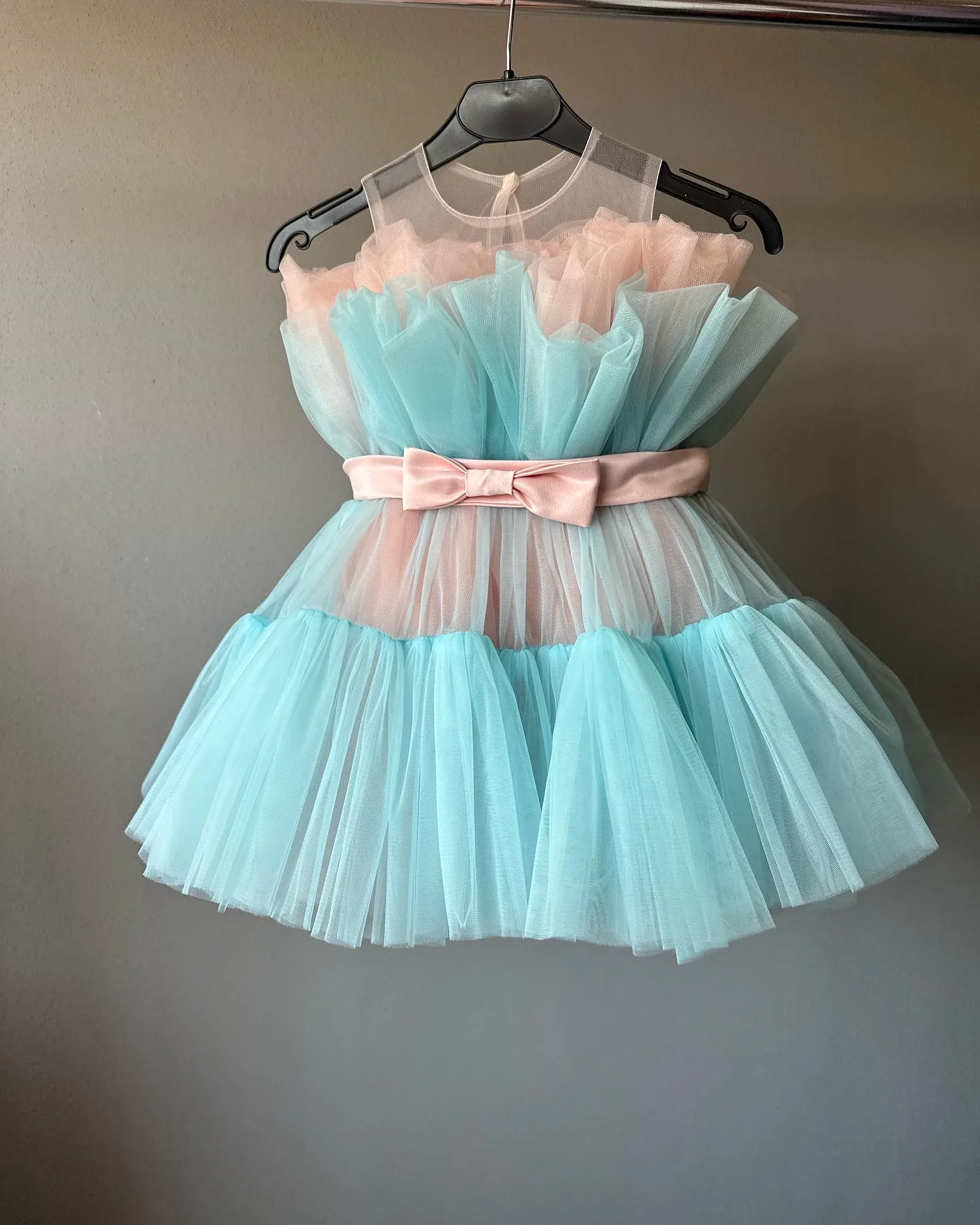 

Kids Tutu Dress Pastel Blue & Pink Tulle Satin Bow Belt Sheer Neckline Fluffy Ruffled Design Ideal for Party Pageant&Photo Shoot