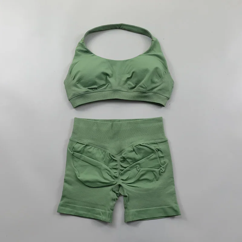 Ensemble short de yoga sans couture, soutien-gorge de sport à col licou, short de fitness froissé aux fesses, sport, ensemble camisole d'été pour femmes