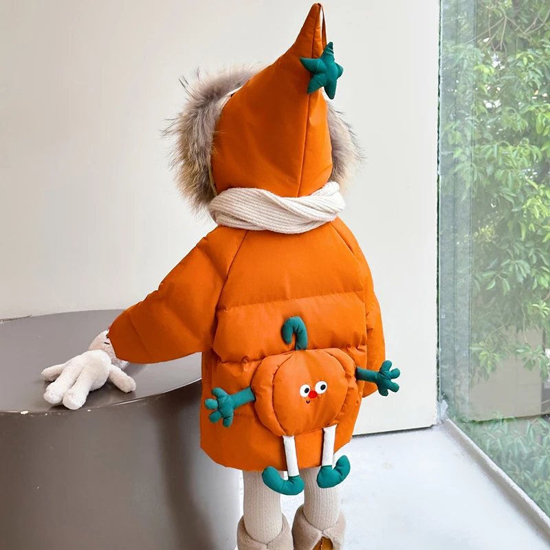 2025 Winter New Pumpkin Children's Fur Hair Collar Cotton Coat for Girls' Warmth Raccoon Hair Collar Cotton Coat Jacket