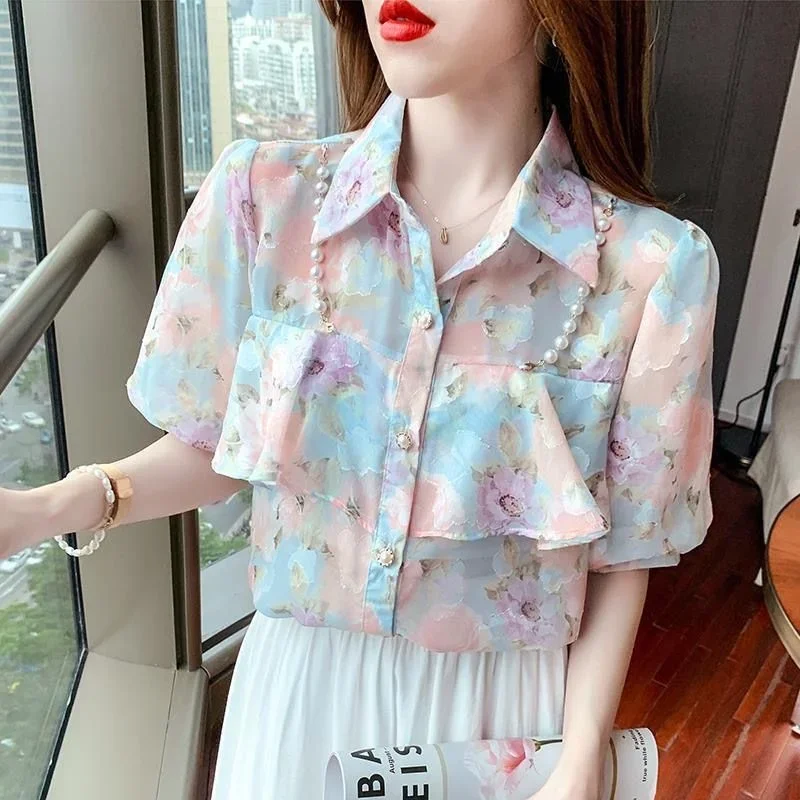 High Shirt Women\'s Short Sleeve Mesh Stitching Loose Design Top 2023 Summer New Style Blusas Clothes for Women Shirts Blouse