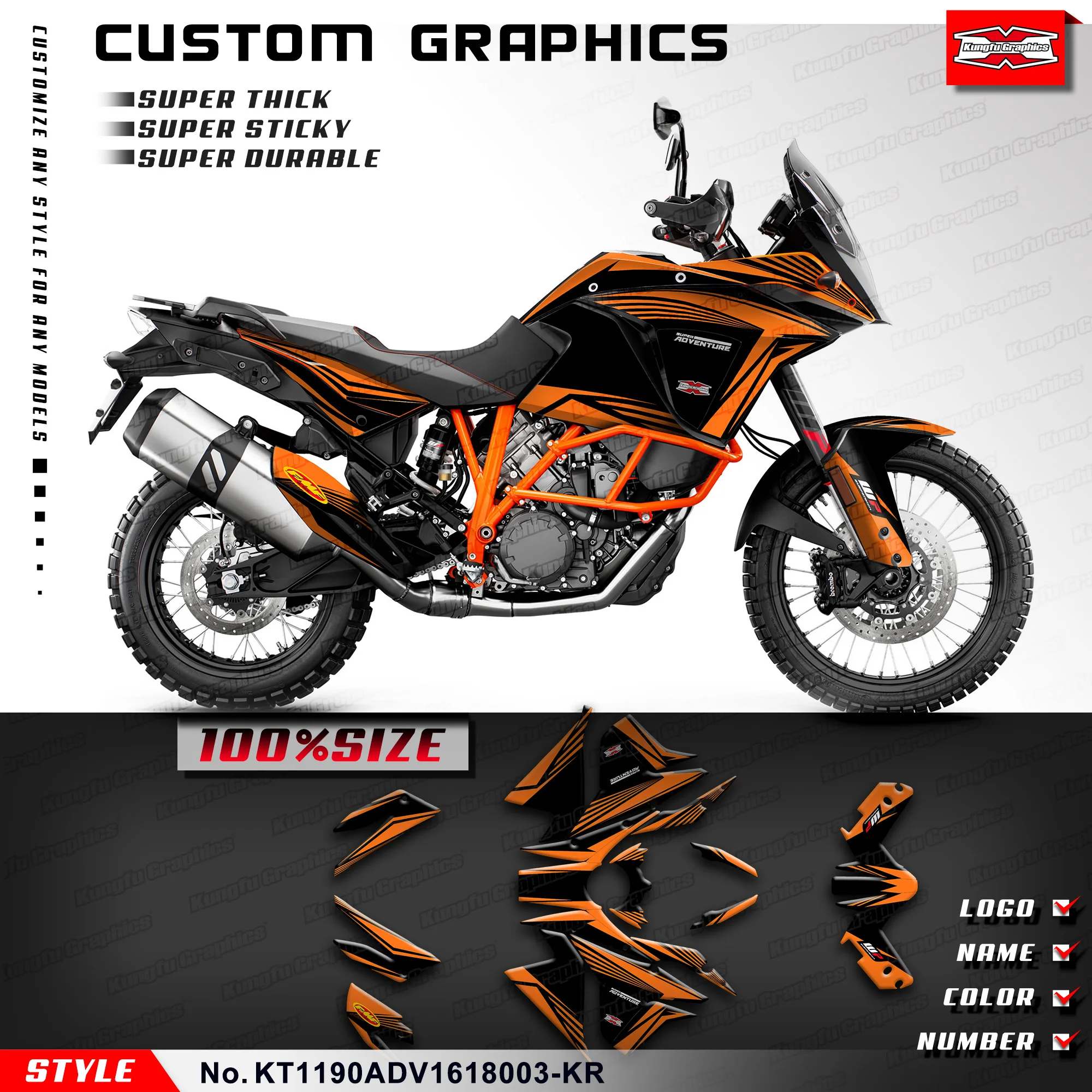 KUNGFU GRAPHICS Motorcycle Sticker Set Vinyl Wrap Full Decal for KTM 1090 ADV 1190 Adventure 2016 2017 2018, Orange Black