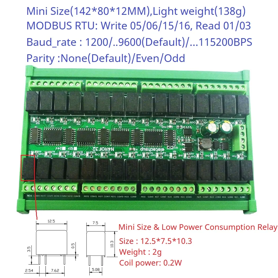 Mini DC 12V 24V 32CH Multifunction Modbus Rtu RS485 Relay Board 2A 0.2W Low Power Consumption Micro Voice Relay Module N4ROF32