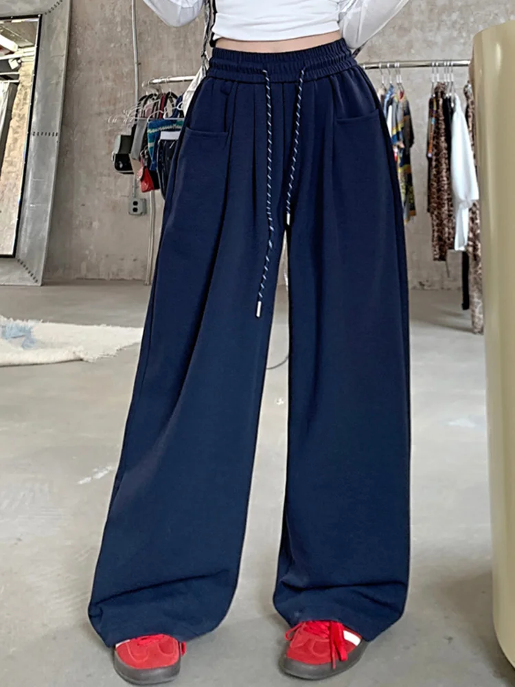 2024 Autumn Women Hip Hop Style Baggy High Waisted Long Pants Lady Versatile Streetwear Solid Color Drawstring Wide Leg Trousers