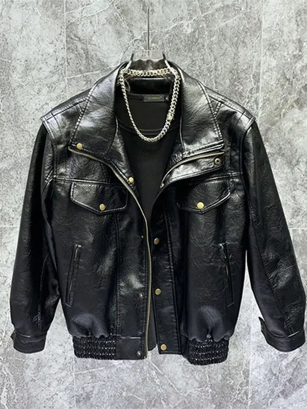 

American Retro Leather Jacket Men's Autumn High-End Feel Stand Collar PU Leather Jacket Loose Trendy Brand Cool Motorcycle Cl...