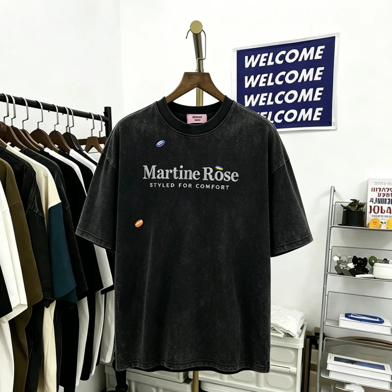 

Футболка Martine Rose с эффектом потертости и винтажным принтом, короткий рукав, американский уличный стиль, свободный крой, повседневная, с круглым вырезом