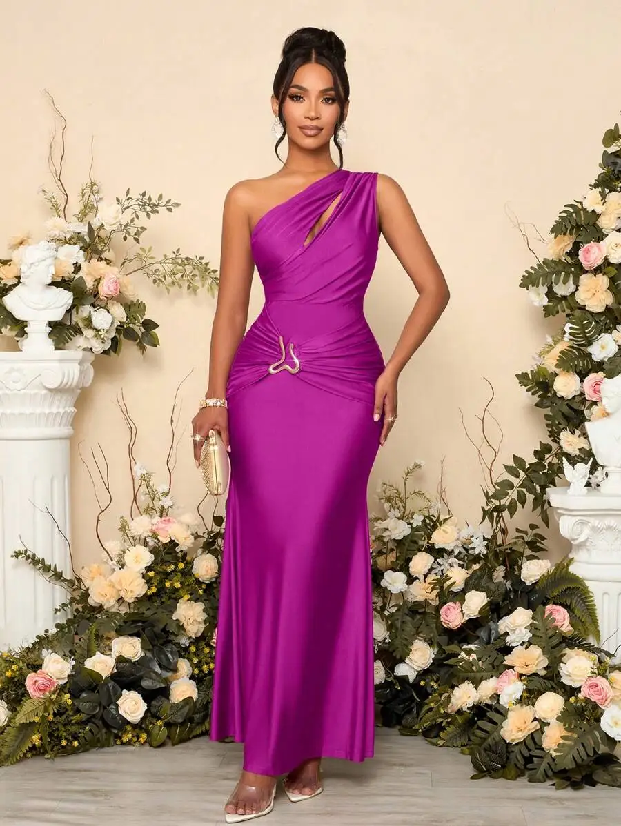 

Purple One Shoulder Ruched Maxi Dress with Metal Accent for Evening Events