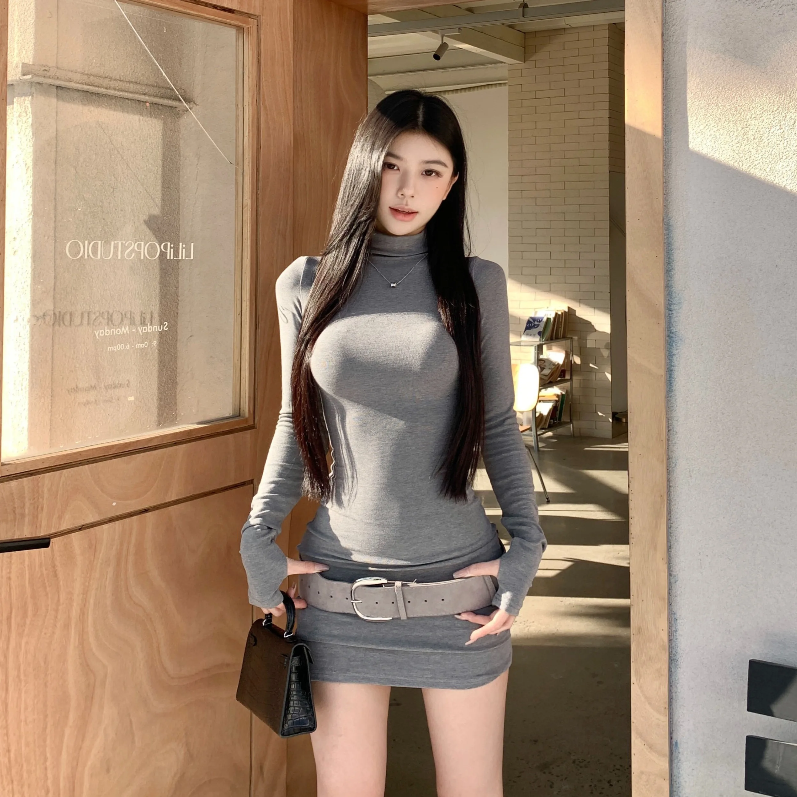 

Осень-зима Fce Lined Brued Long Sve Wrap Waist Slimming f Женская базовая юбка с высоким воротником на подкладке