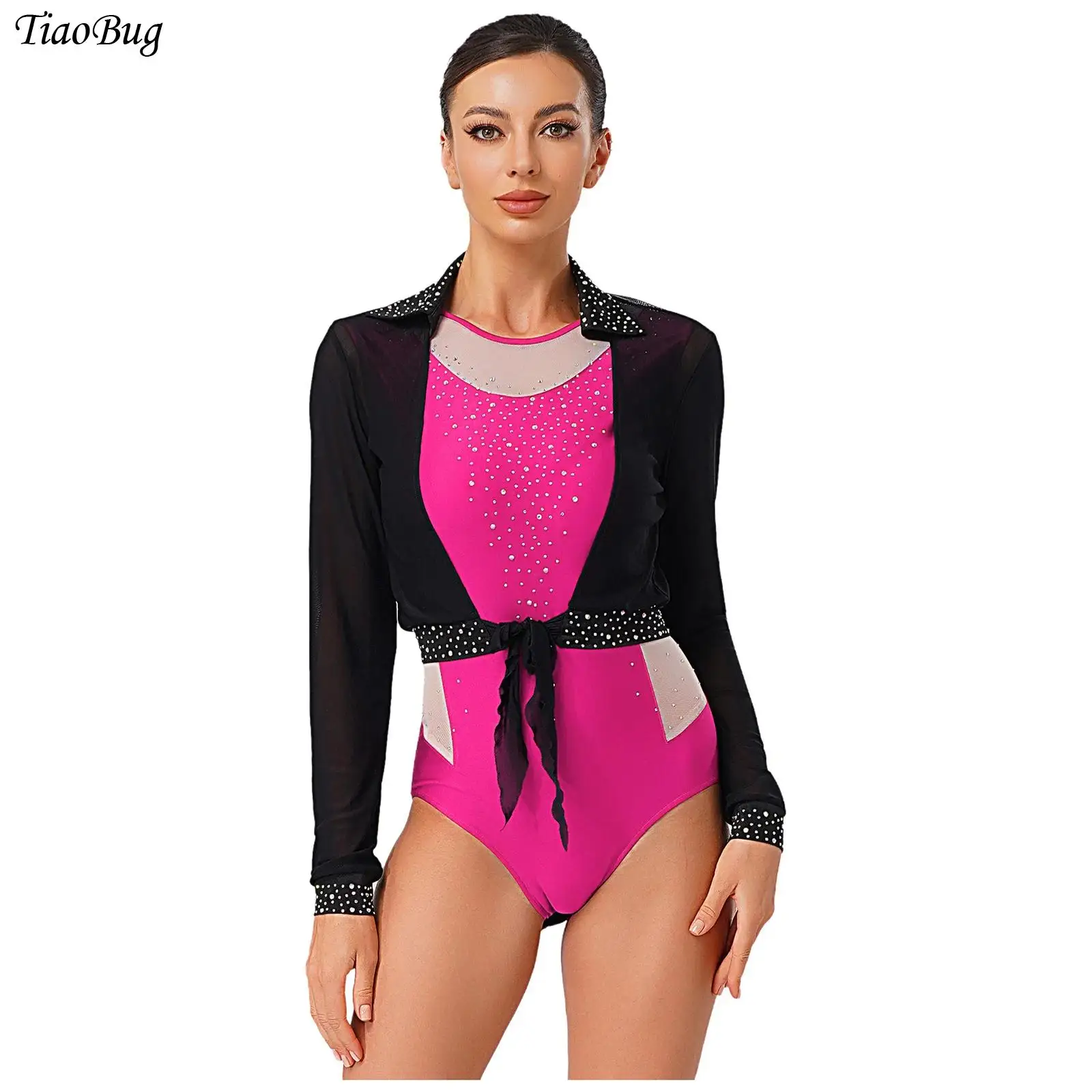 

Womens Ballet Gymnastics Dance Leotards Contrast Color Sleeveless Rhinestones Bodysuit+Long Sleeve Open Front Cardigan Crop Tops