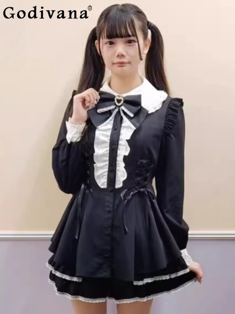 

Весенние Новые Комплекты: Платье с кружевом и бантом в японском стиле, большие размеры, модные шорты, платье А-силуэта с высокой талией, длинными рукавами и воротником Питер Пэн