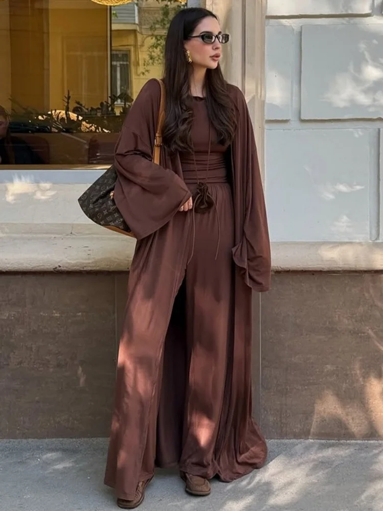 Women 3 Piece Outfit Set wholesale Long Open Front Cardigan Top High Waist Wide Leg Pants Casual Loose Lounge Street Wear