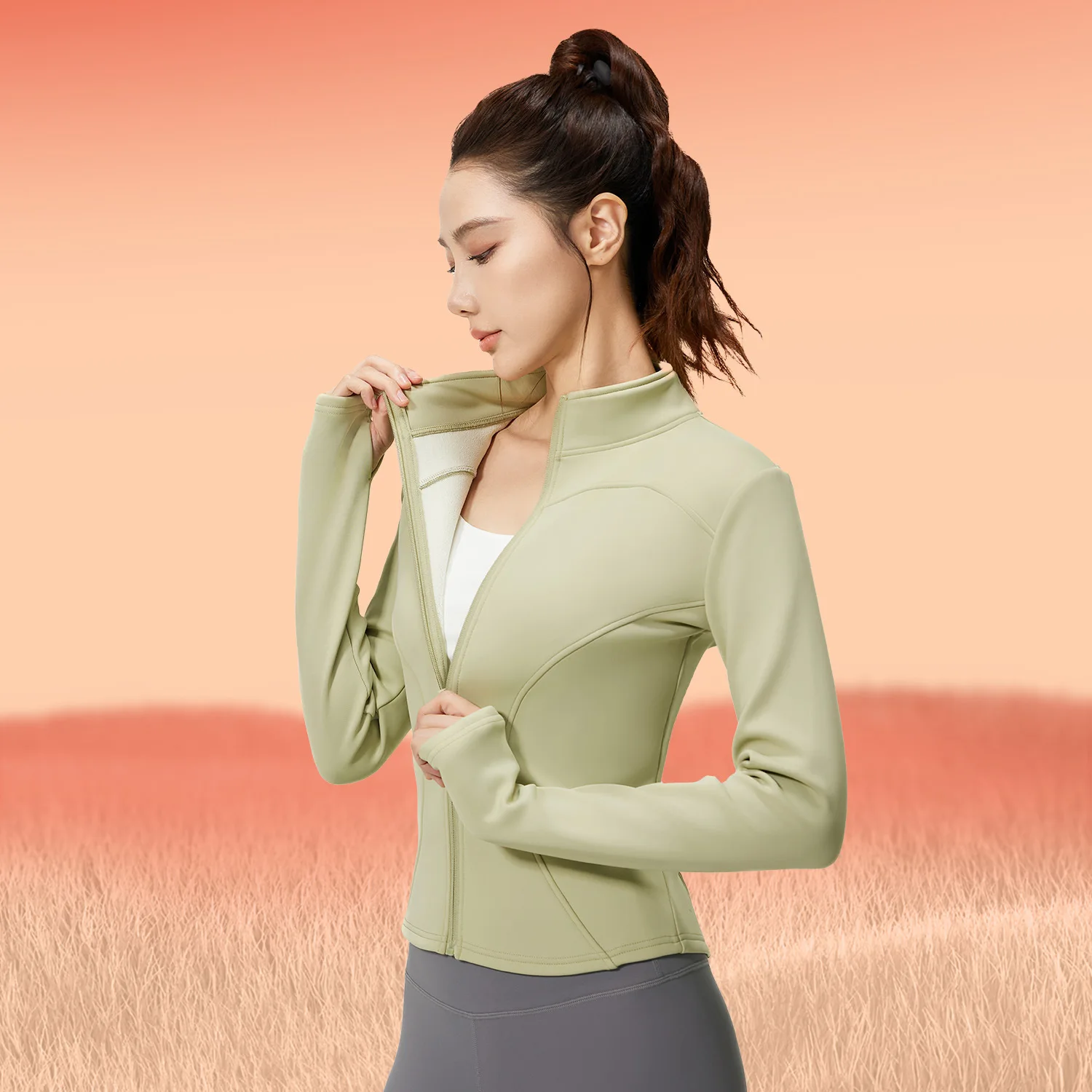 Women Warm Peach Fleece Zip Up Yoga Jacket Stand Collar Thumb Hole Slim Fit Long Sleeve Gym Athletic Workout Top