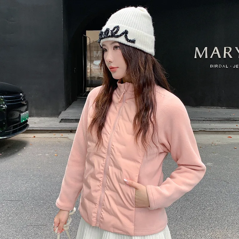 

American Vintage Patchwork Thin Cotton-Padded Coat Women Y2K Short Pink Parkas Outerwear New Popular Stand Collar Quilted Jacket