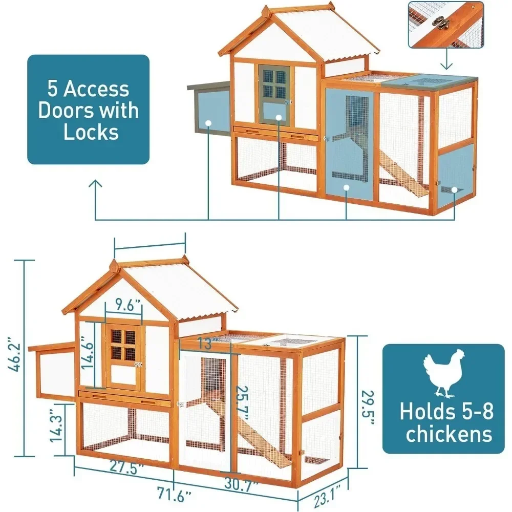 Chicken Coop Hen House, Large Walk in Wooden Chicken Duck Coop Accessories for 6/8/10 Chickens, Portable Outdoor Rabbit Hutch