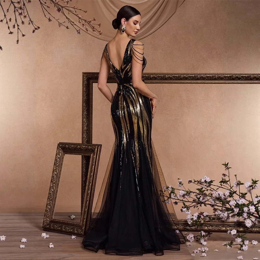 Black Gold Linear Sequin Mermaid Maxi Dress Deep V Chain Tassel Strap Sheer Tulle Train Red Carpet Evening Gown - view 2