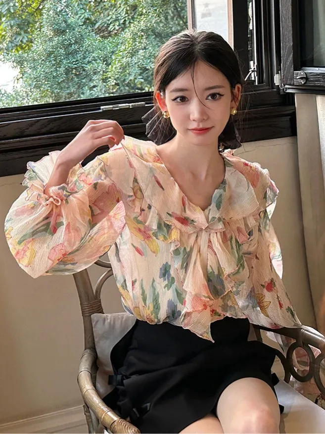 Women Floral Print Puff Sleeve Shirt Female Elegant Casual V Neck Pleated cardigan 2023 Spring Summer Korean streetwear Blouses