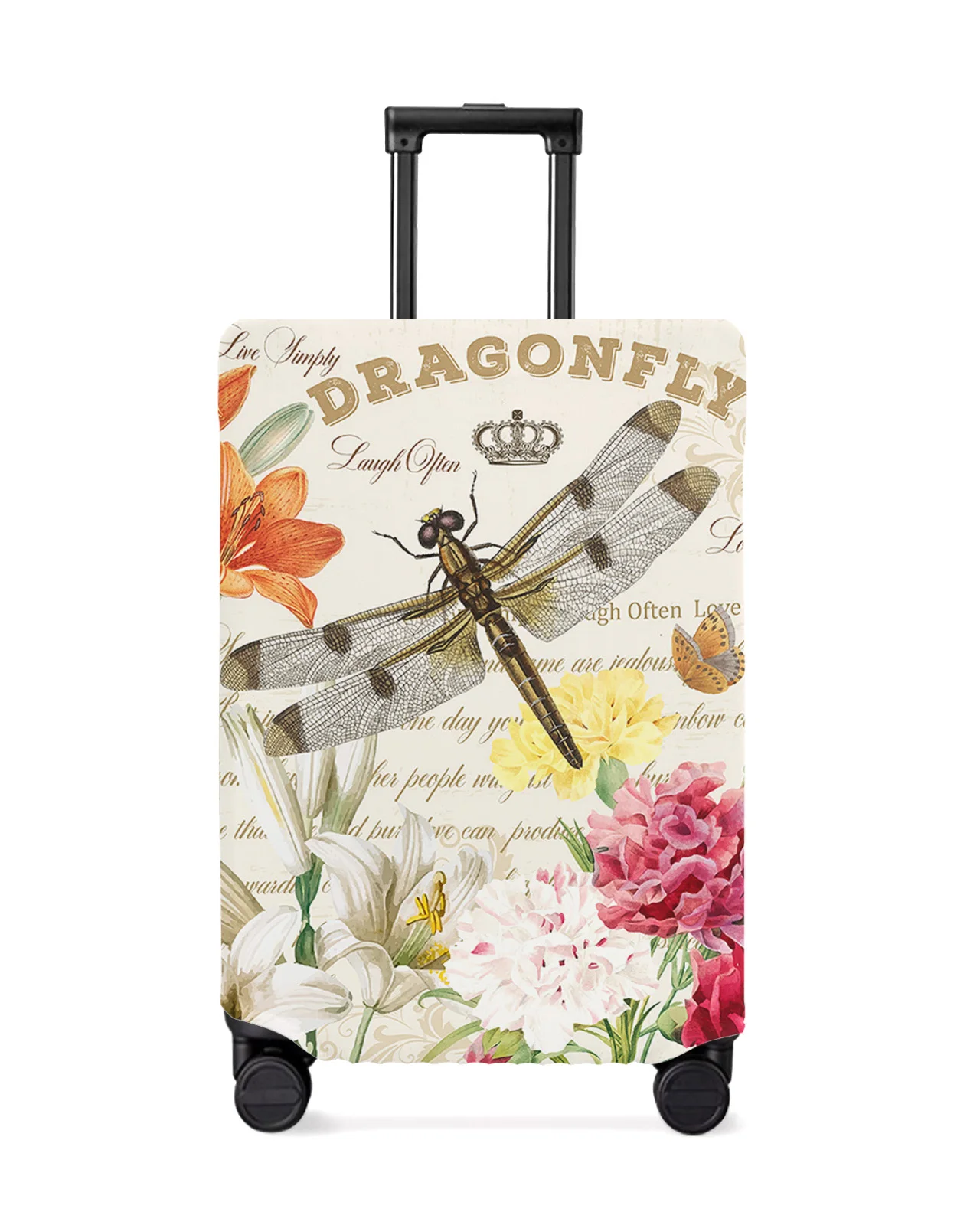 Flower Dragonfly Crown Vintage Letters Travel Luggage Cover Elastic Baggage Cover Suitcase Case Dust Cover Travel Accessories