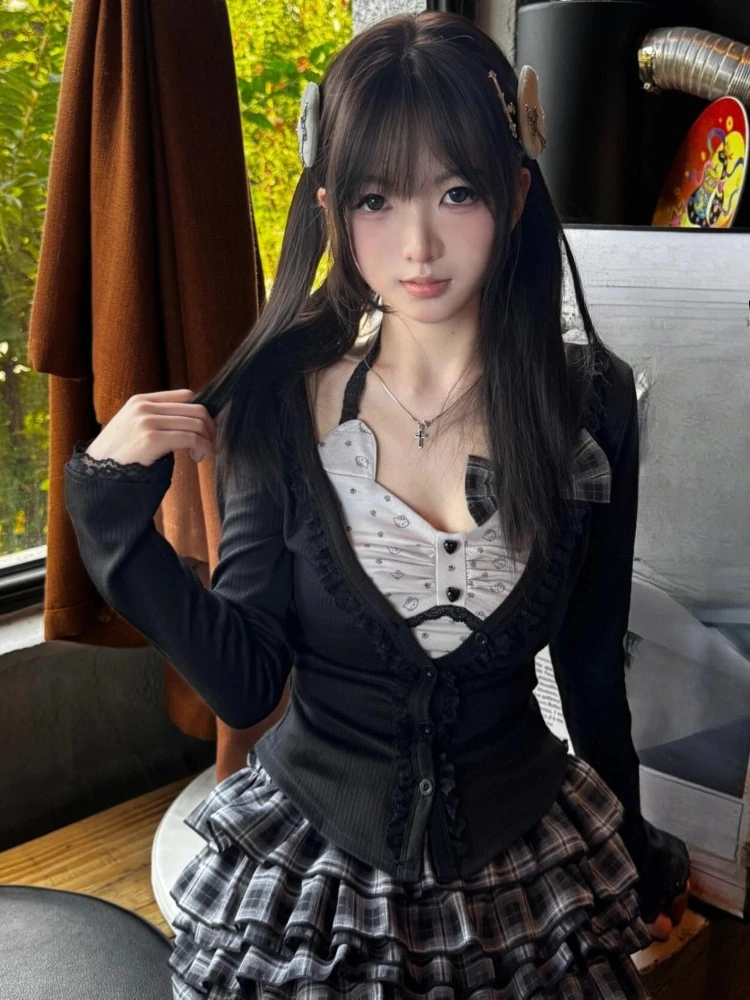 

Spring 3 Piece Sets V Neck Women Ruffled Slim Fit Cardigan + Cartoon Cute Vest + High Waist Pleated Skirts Y2k Aesthetic Outfits