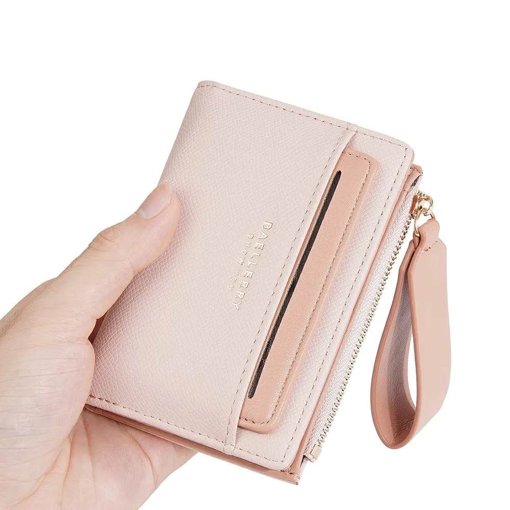Baellerry Women's Short Wallet, Macaron Color Pu Wallet, Bi-Fold Wallet with Wrist Strap, Zippered Coin Pocket, Detachable Id Card Holder, Suitable for Daily Travel, Dating, and as a Gift for Girls