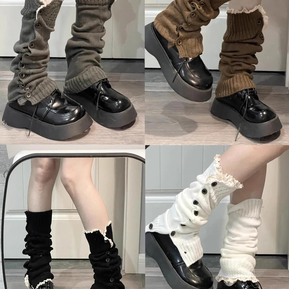 1 Pair Dark Grey Black White Coffee Can Open Button Lace Decoration Long Women Leg Warmer Autumn Winter