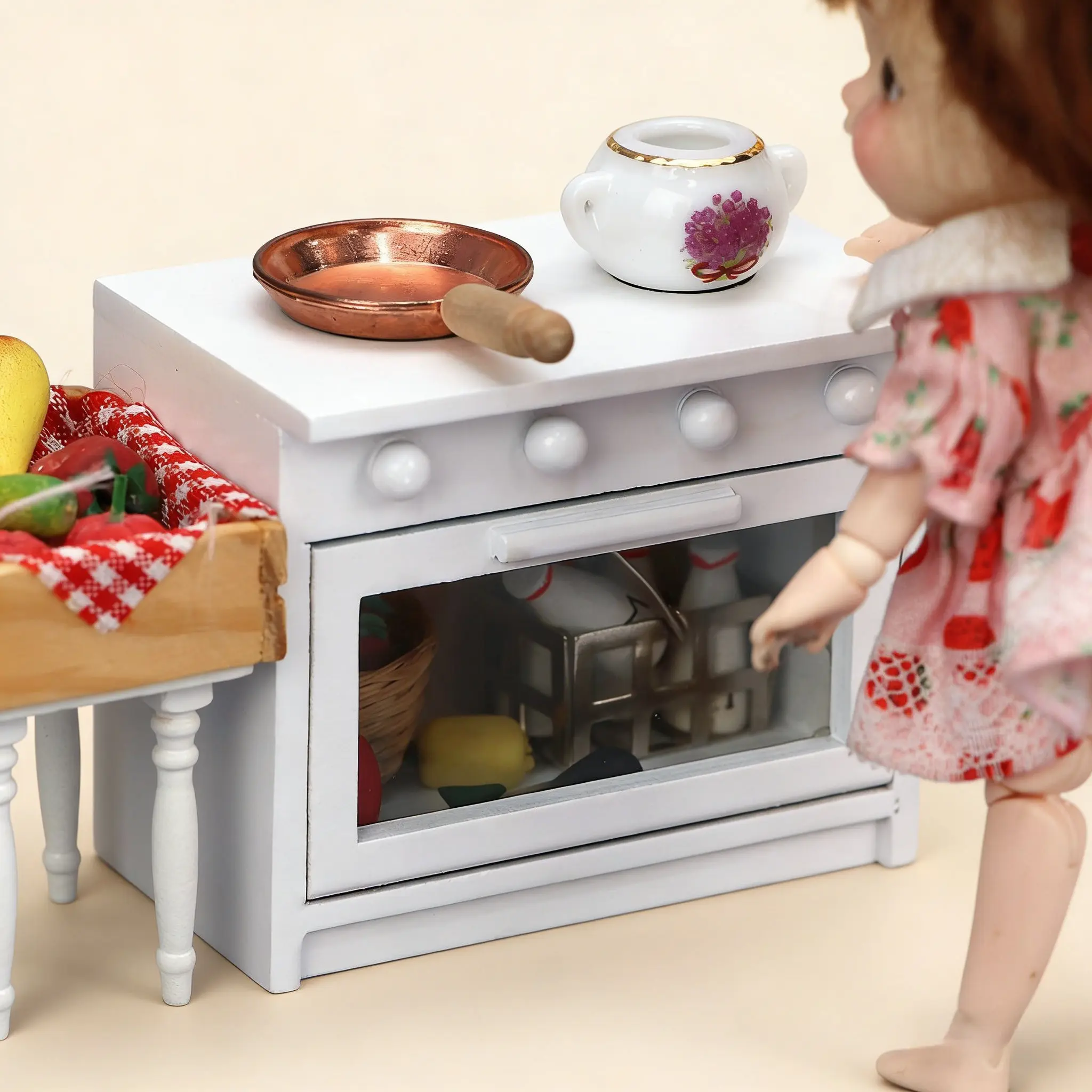 2025 핫 1:12 인형집 미니 화이트 가스 스토브 - OB11 역할 놀이 및 방 장식 소품용 나무 주방 가구