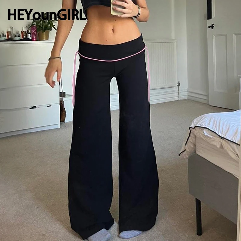 

HEYounGIRL Women Low Waisted Flare Pants Contrast Webbing Tape Slim Black Casual Joggers Fall Minimalist Ladies Trousers Sporty