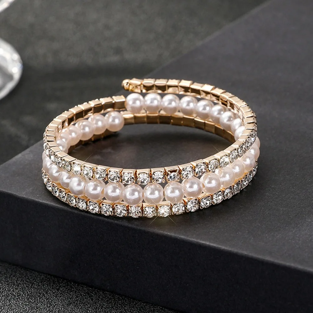 Multiple Shining Rhinestone Crystal Bracelet Pearl Cubic Zirconia Wide Hand Wrist Bracelet For Women Girl Bridal Wedding Jewelry