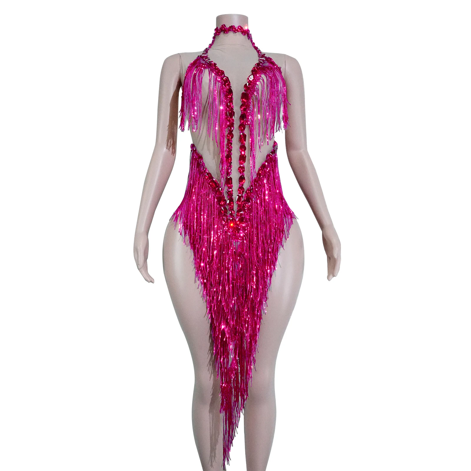 

New Crystal Rhinestone Fringes mesh Dress Long Sleeve Sexy Prom Dance stage Costume Female Singer Night Party birthday for dress