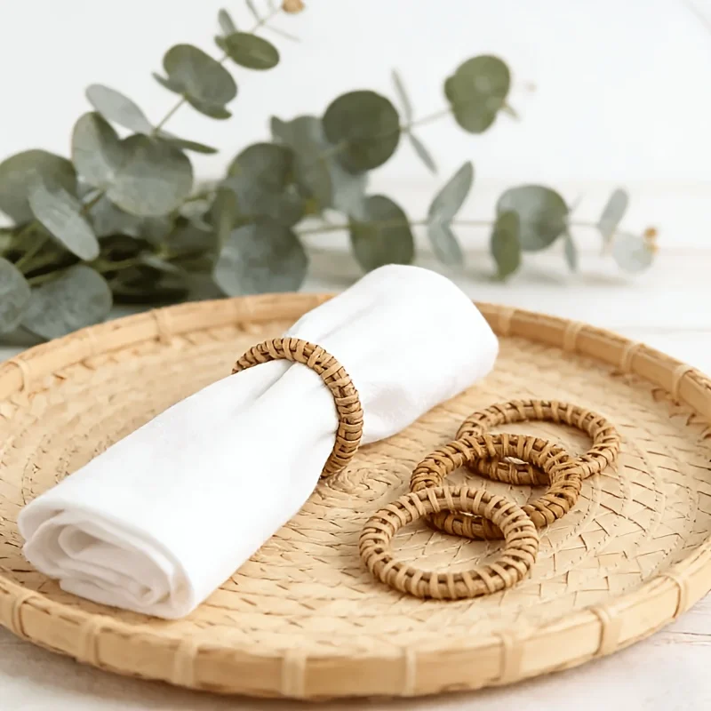 6Pcs Bohemian Rattan Bamboo Fiber Napkin Rings Rustic Woven Table Holders for Home Wedding Party Decor
