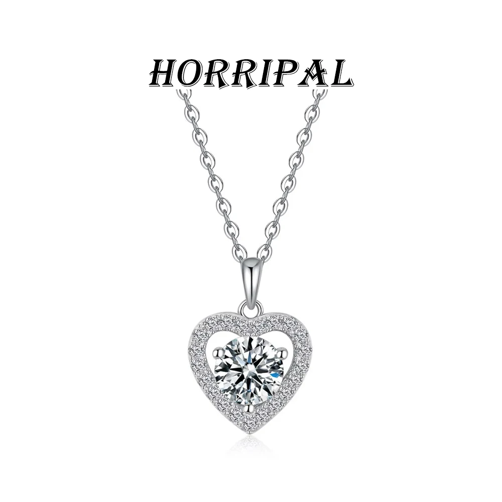 HORRIPAL D VVS1 Heart Shaped Pendant Moissanite Necklace for Women S925 Sterling Sliver GRA Party Birthday Sparking Gift Jewelry