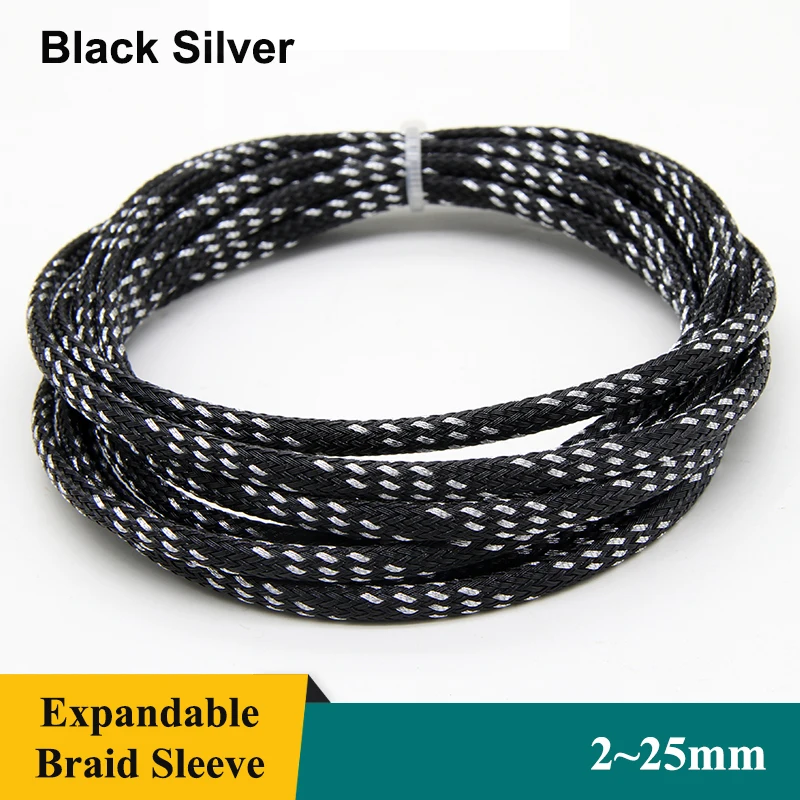 

1~50m Black Silver PET Braid Sleeve 2/4/6/8/10/12/14/16/20/25mm High Density Snake Skin Cable Wrap Sheath For Electric Cables