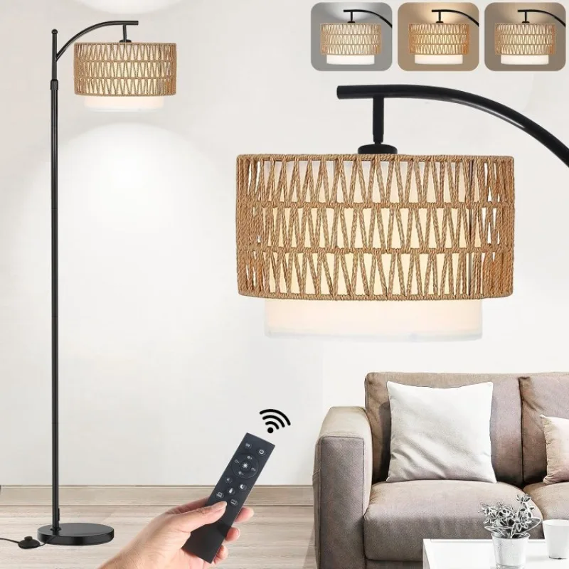 

Arc Floor Lamp for Living Room,Farmhouse Floor Lamps with Remote Control & Dimmable Bulb,Rattan Boho Tall Standing Lamp